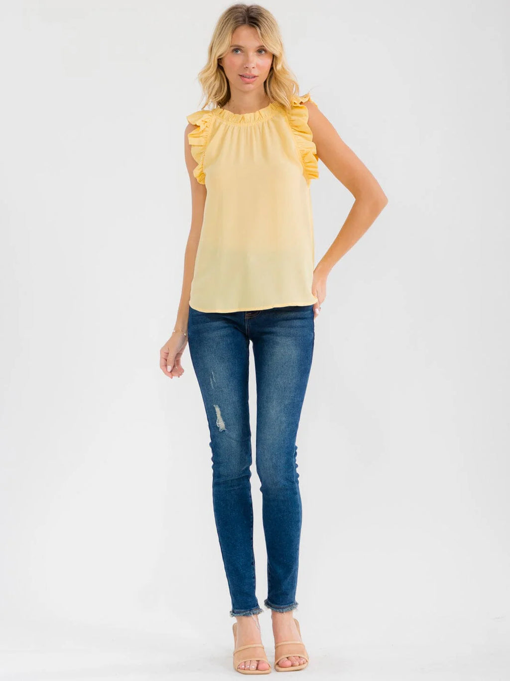 Blue Pepper Ruffle Sleeve Blouse with Neck Trim Detail