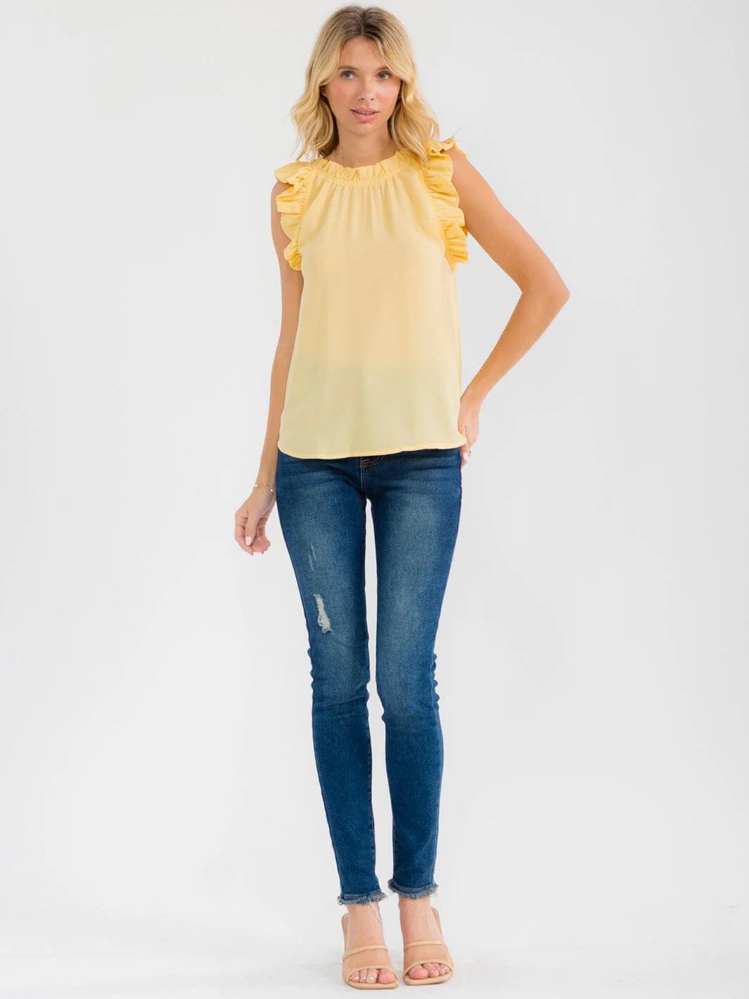 Blue Pepper Ruffle Sleeve Blouse with Neck Trim Detail