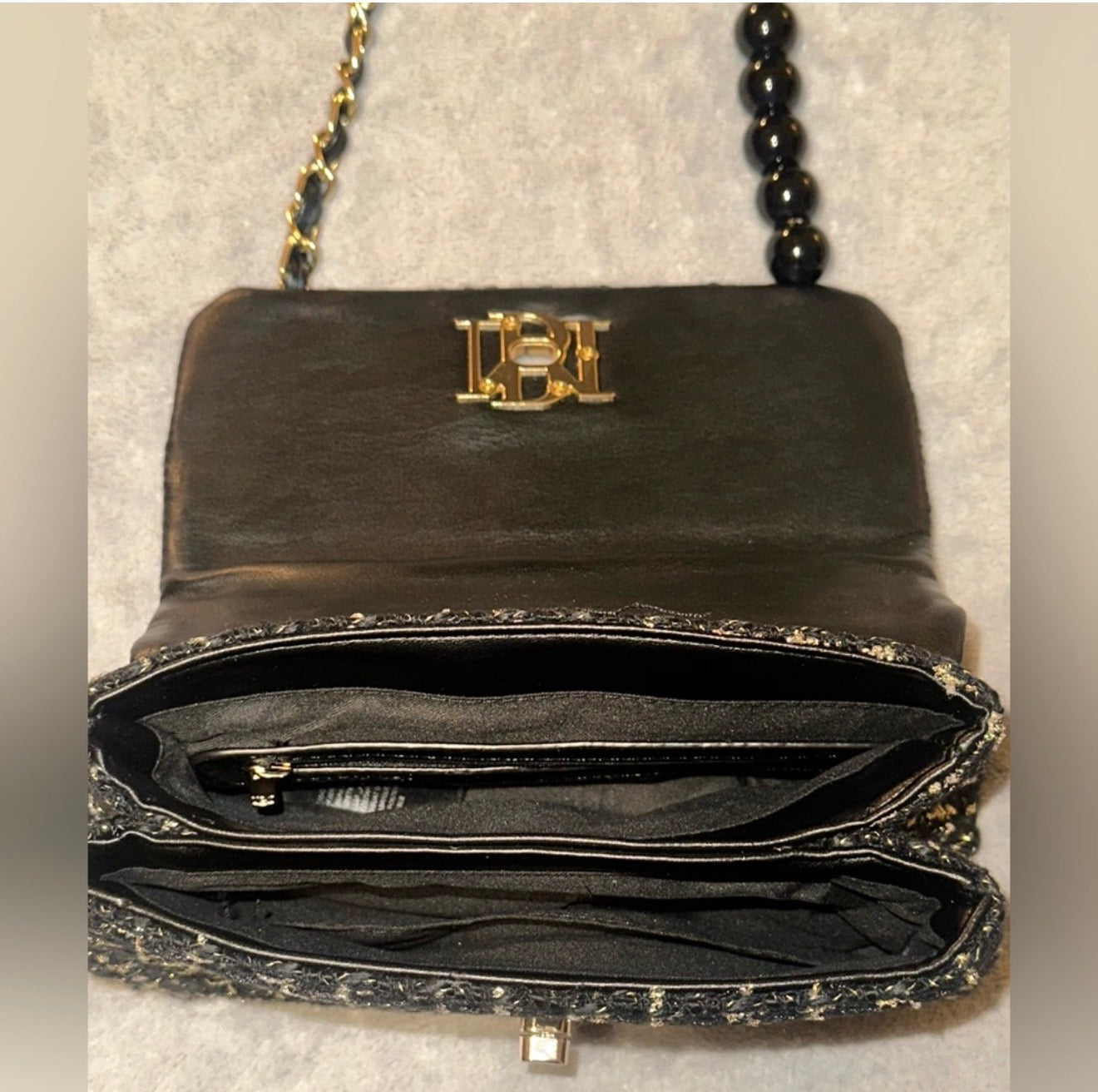 Badgley Mischka Tweed Small Messenger Bag | Gold Hardware & Pearl Chain