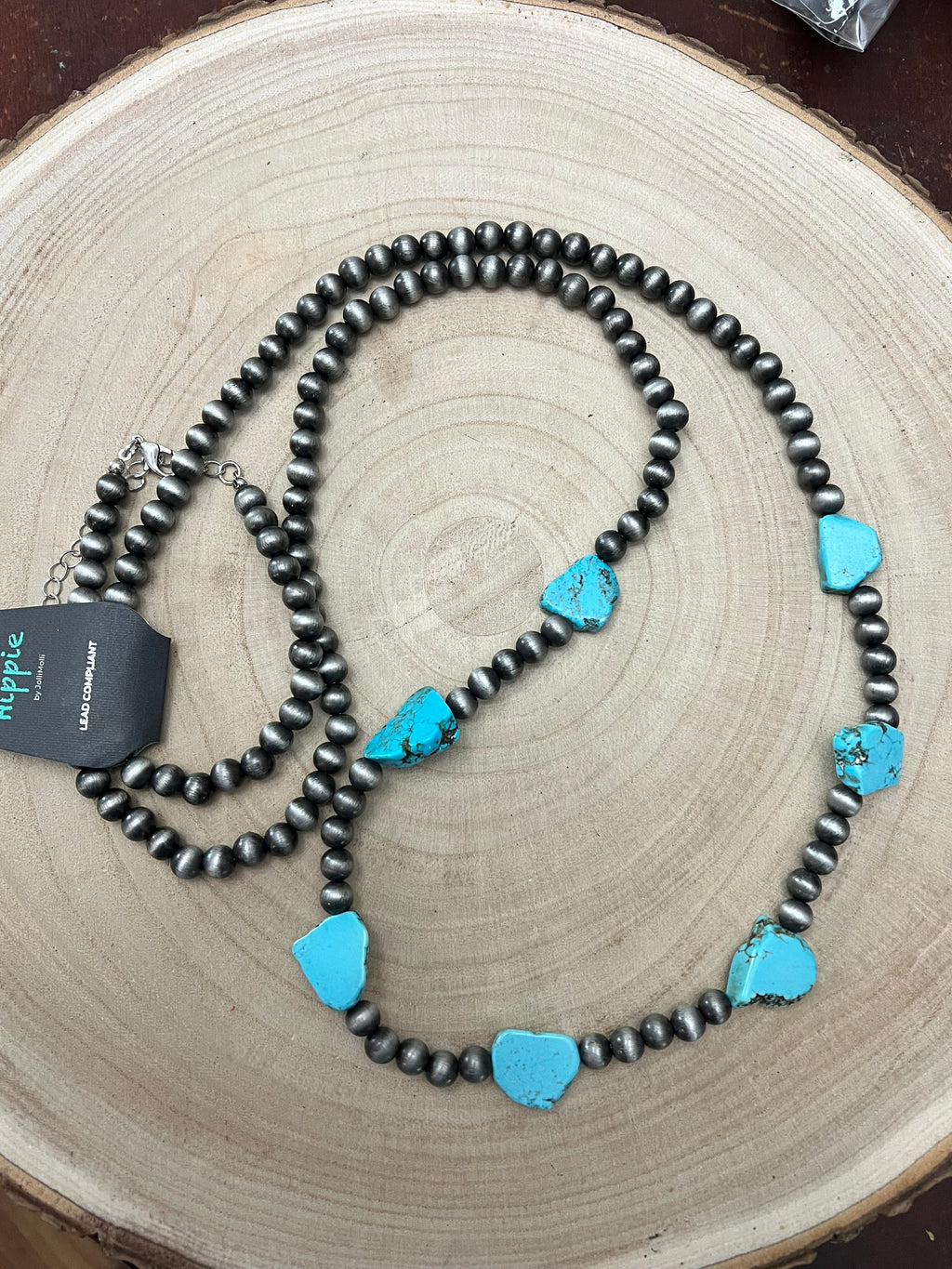 Western Long 48 Inch Faux Turquoise Nugget And Sterling Pearl Necklace