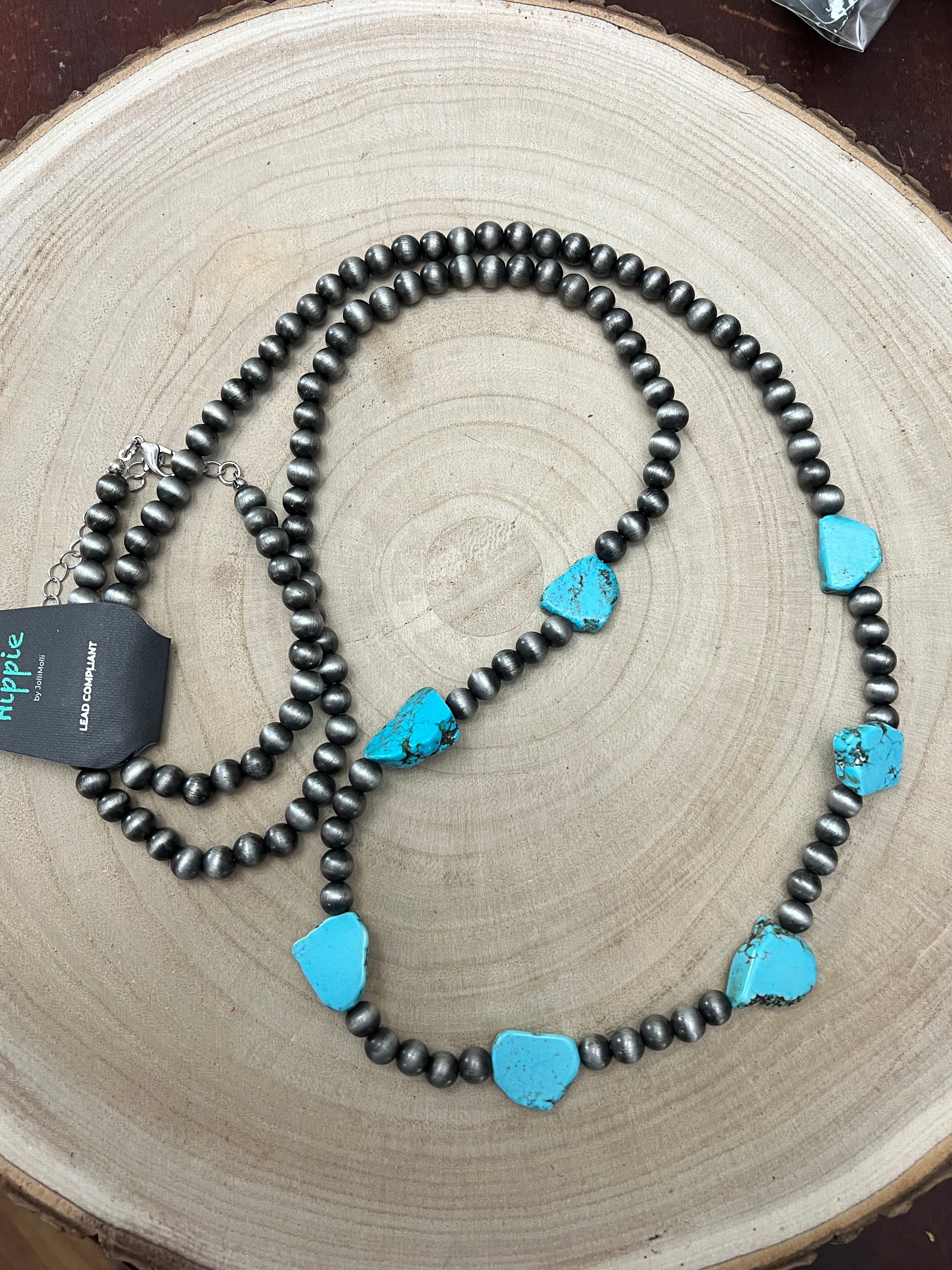 Western Long 48 Inch Faux Turquoise Nugget And Sterling Pearl Necklace