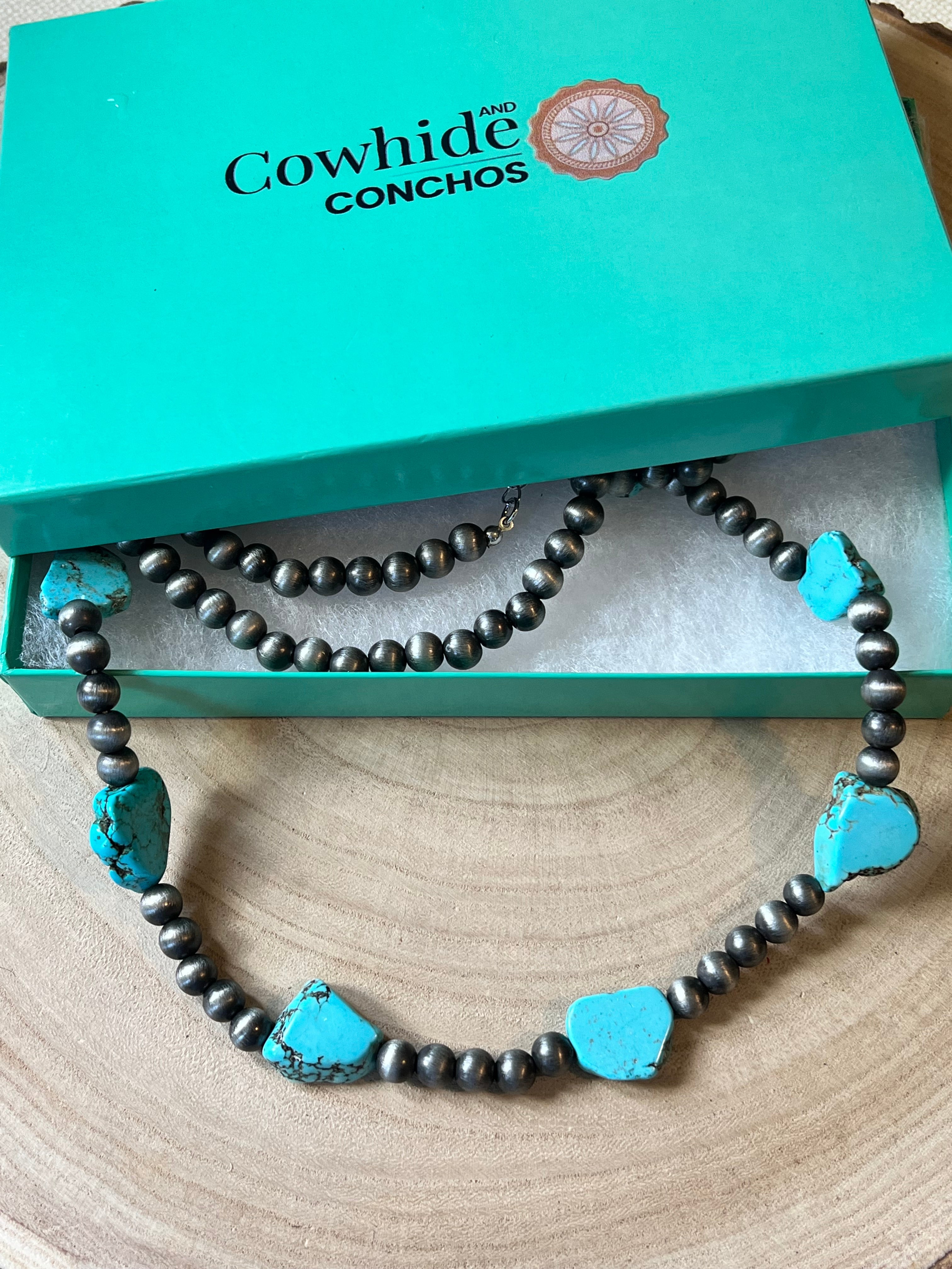Western Long 48 Inch Faux Turquoise Nugget And Sterling Pearl Necklace