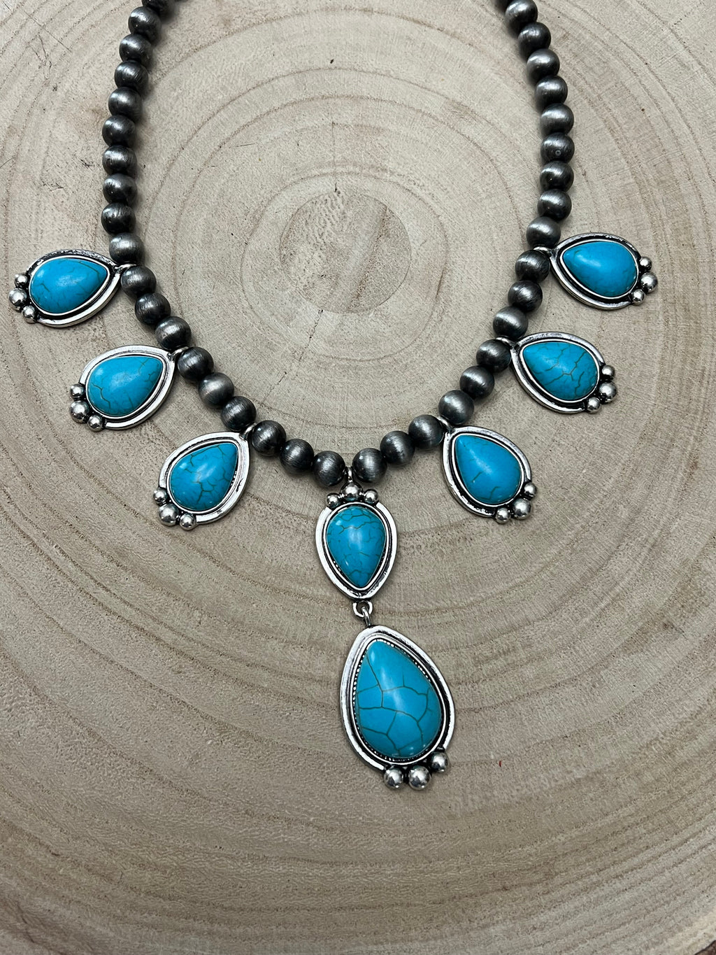 Western Teardrop Faux Turquoise And Sterling Pearl Necklace 16 Inch