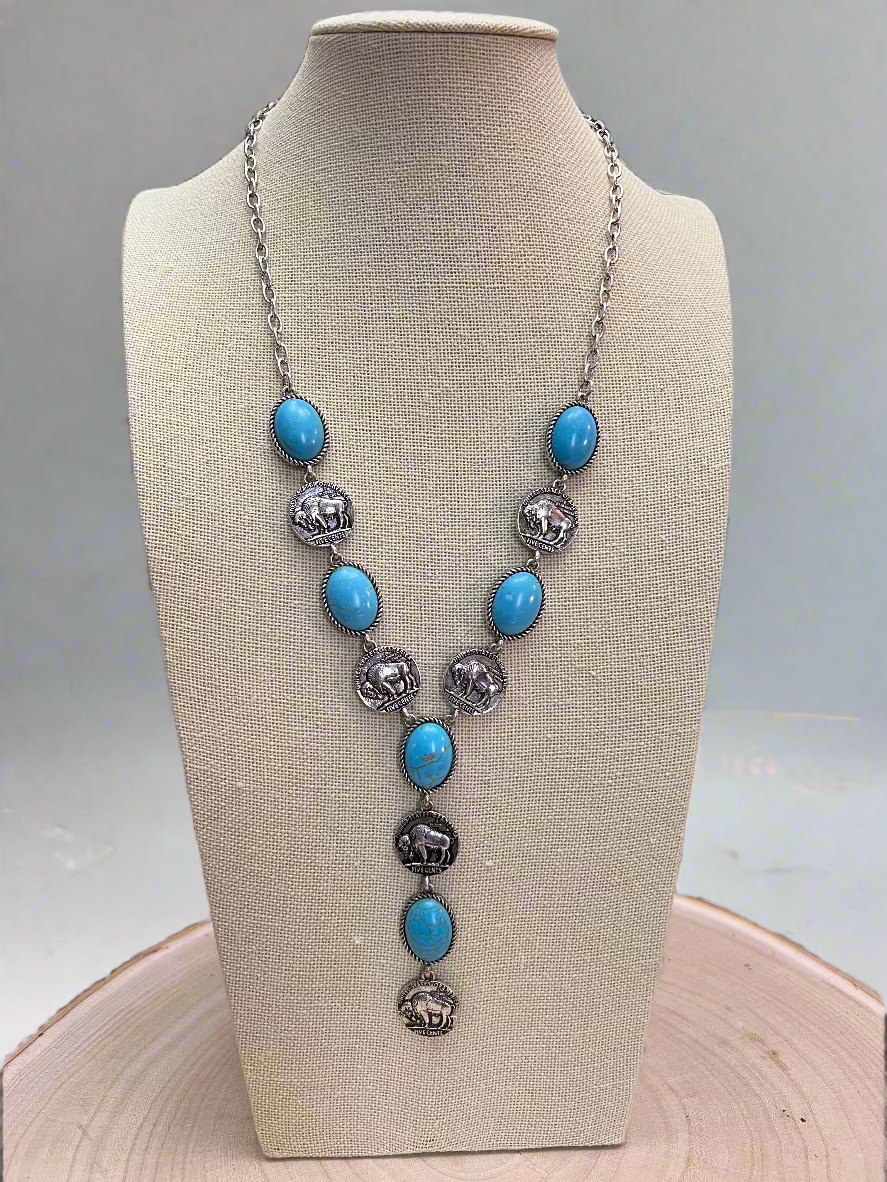 Silver Western Buffalo Faux Lariat Necklace And Earring Set