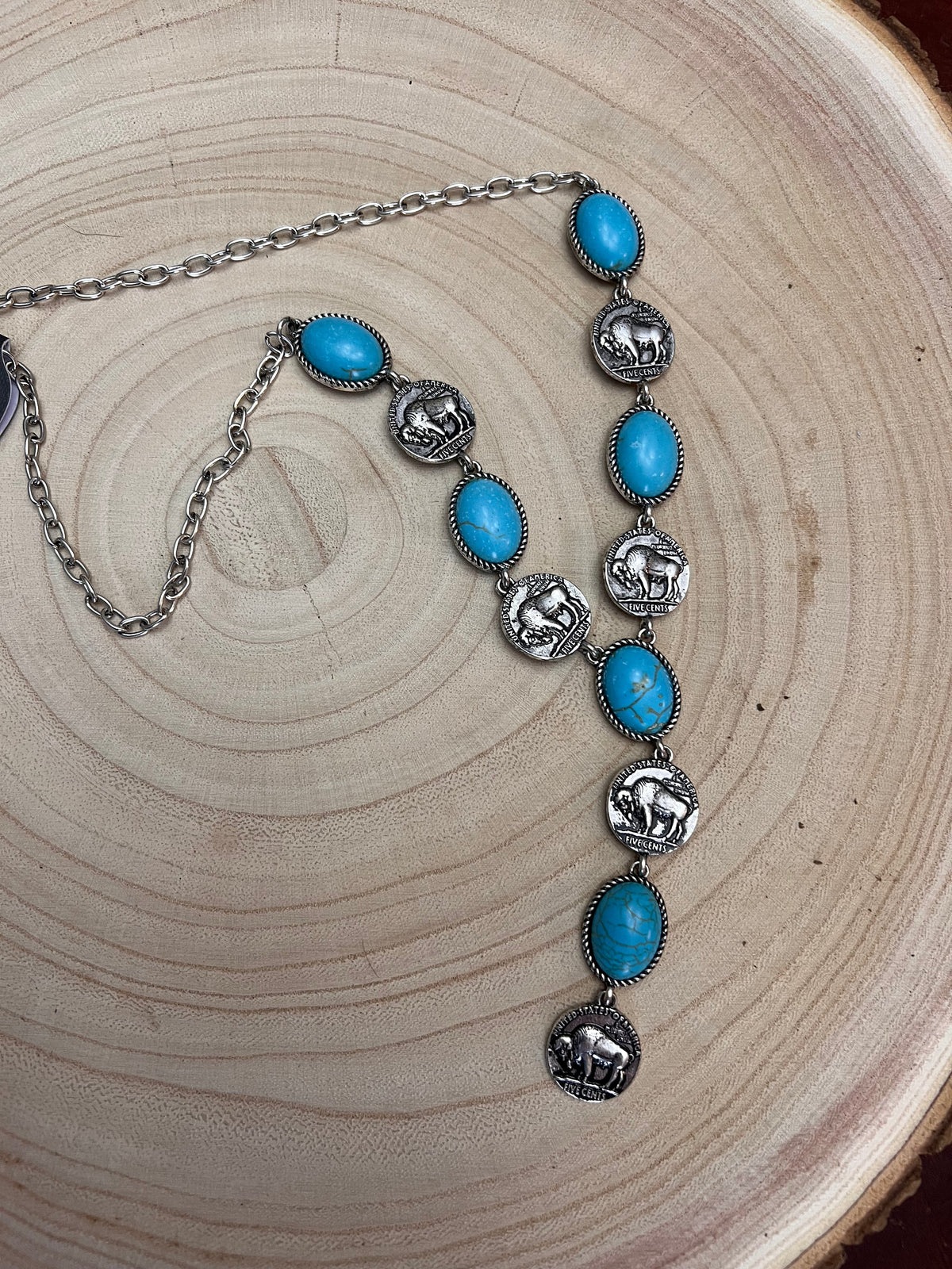 Silver Western Buffalo Faux Lariat Necklace And Earring Set