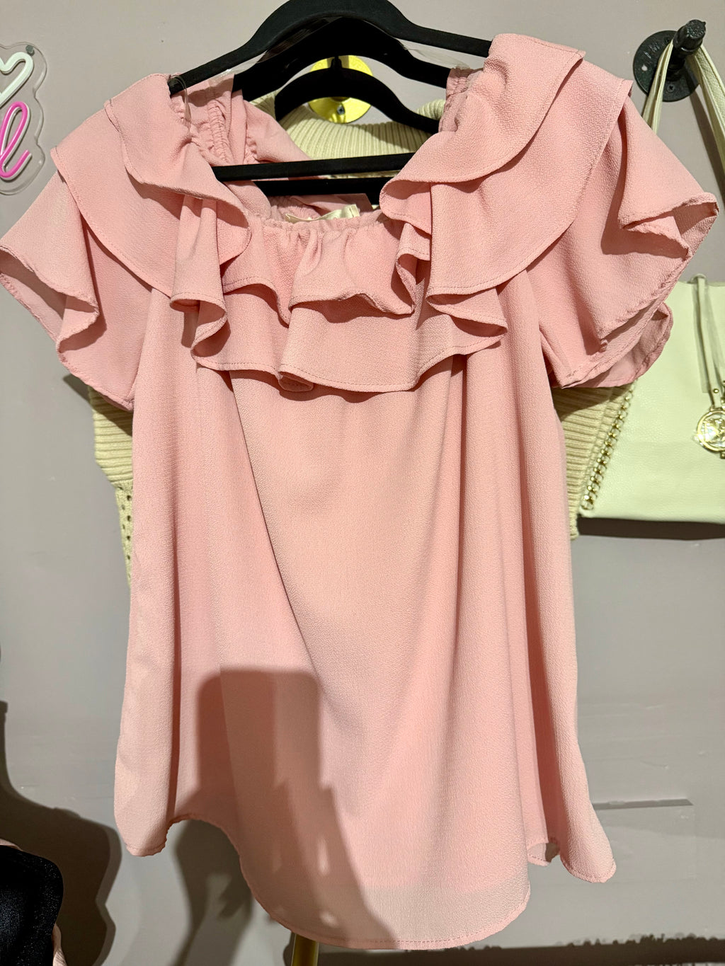 Vine & Love Blush Pink Off-Shoulder Triple Ruffle Blouse