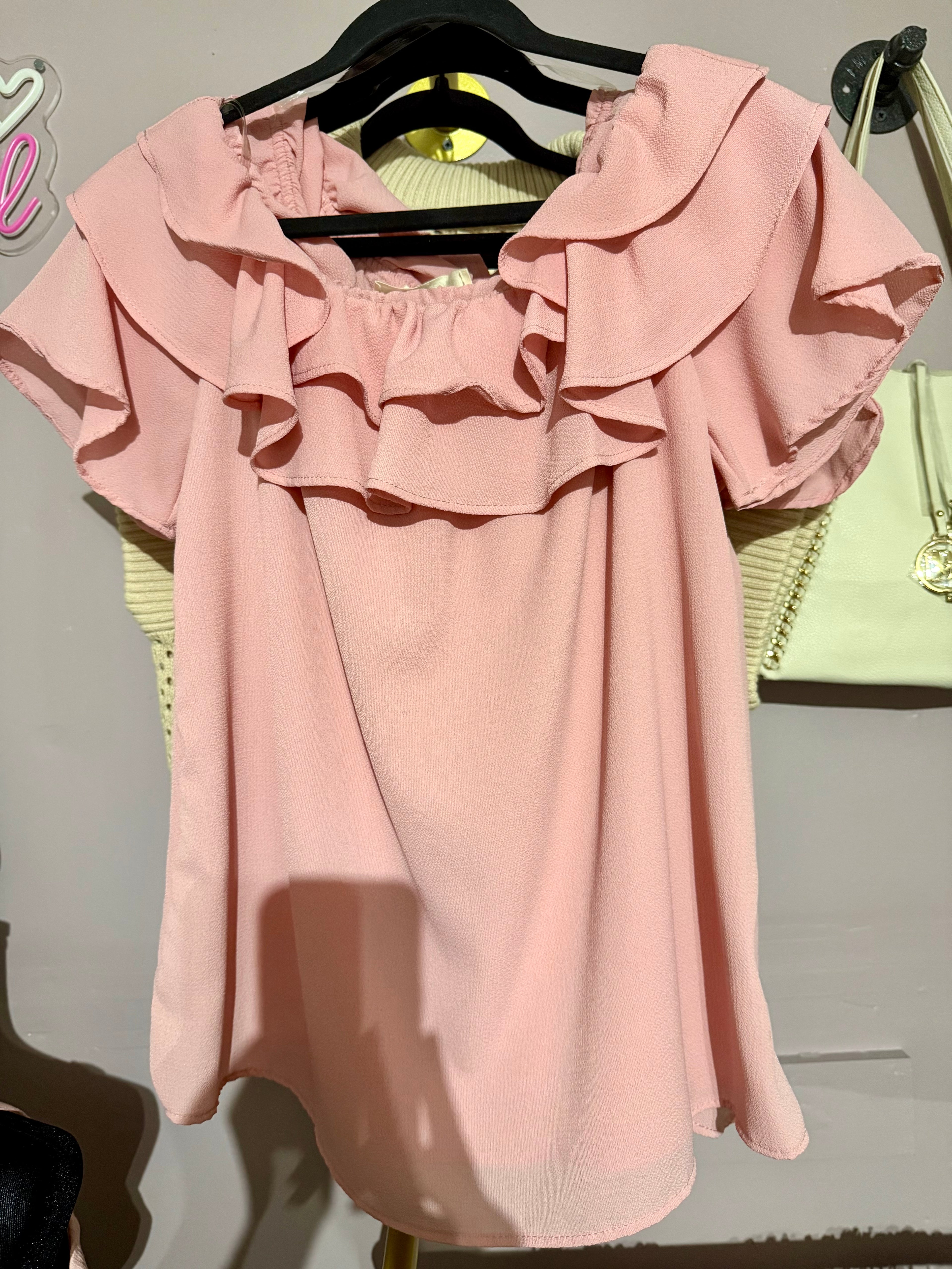 Vine & Love Blush Pink Off-Shoulder Triple Ruffle Blouse