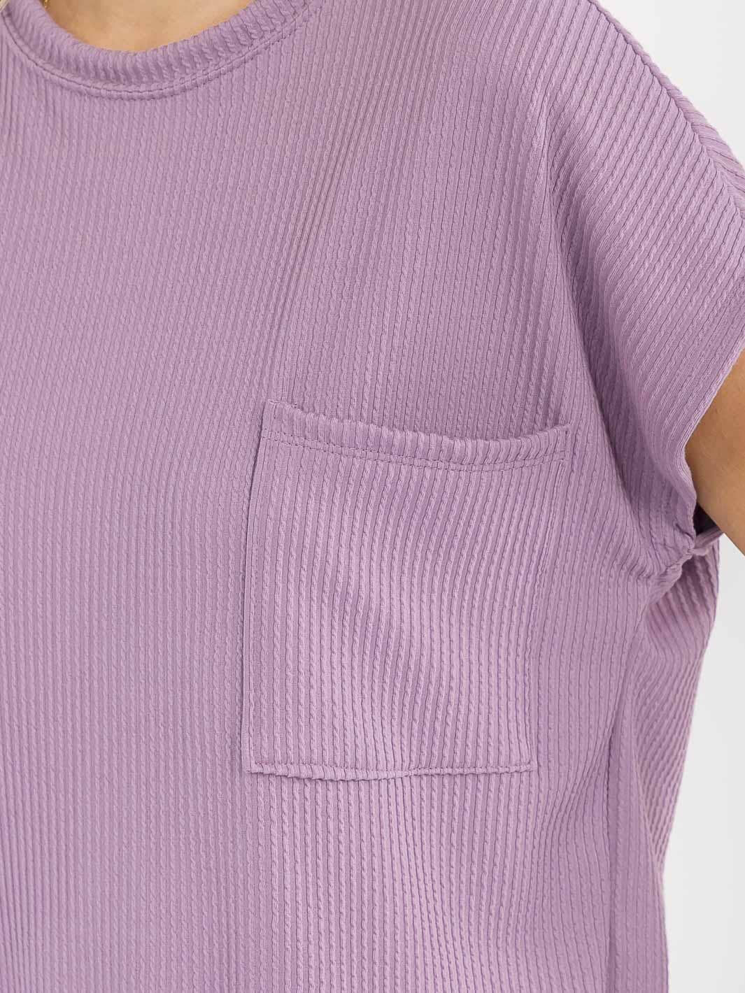 Women's Ribbed Knit Short Sleeve Top with Front Pocket