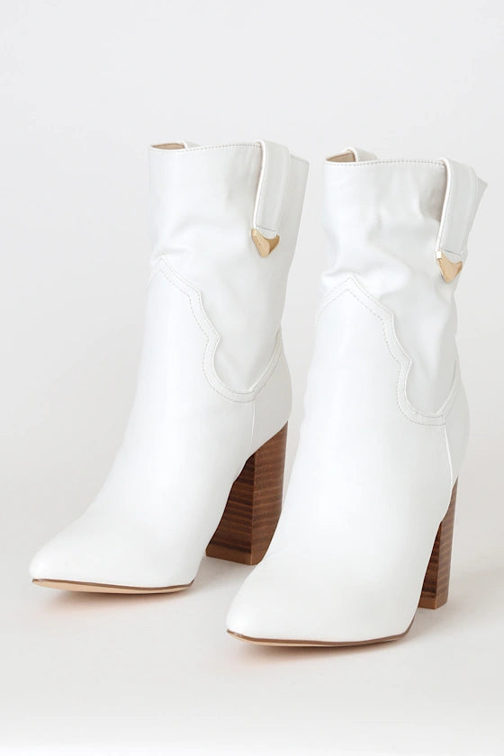 Lulus Taryne White Pointed-Toe Booties - Western Chic Mid-Calf Boots