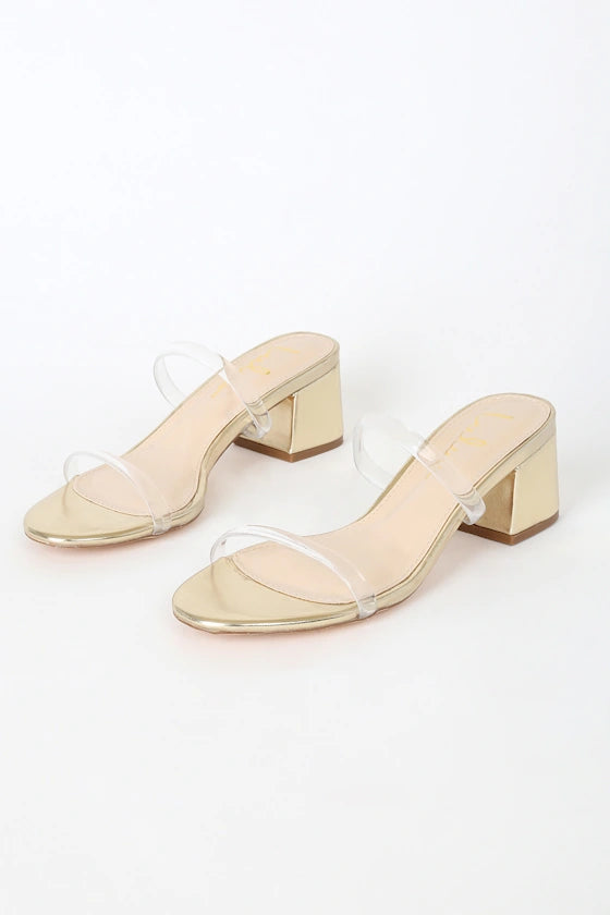 Savina Gold Mules - Metallic Slip-On Heels with Clear Straps