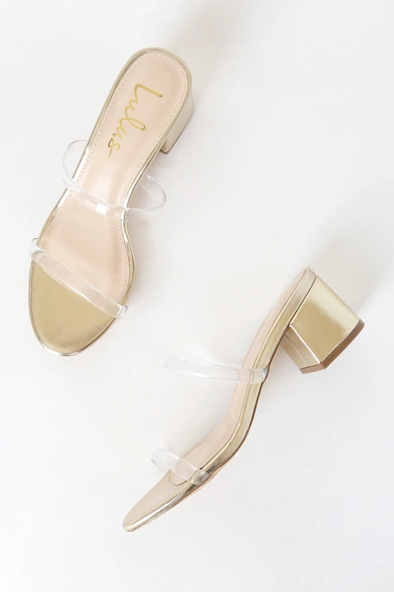 Savina Gold Mules - Metallic Slip-On Heels with Clear Straps
