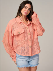 Women's Long Sleeve Lace & Knit Button-Up Blouse with Front Pockets