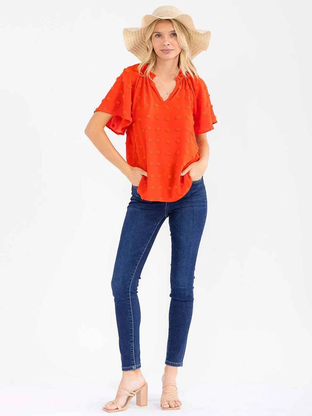 Swiss-Dot V-Neck Blouse – Short-Sleeve Boho Top