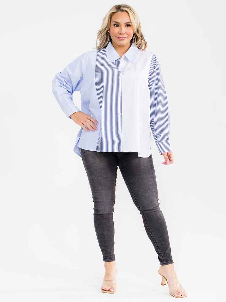 Plus-Size Colorblock Stripe Button-Down Shirt