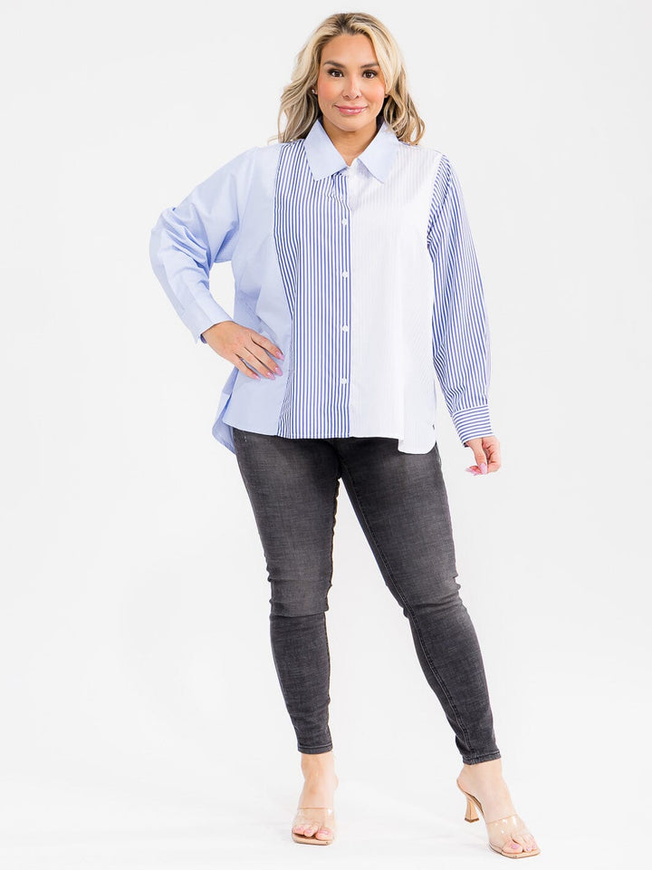 Plus Size Colorblock Stripe Button-Down Top