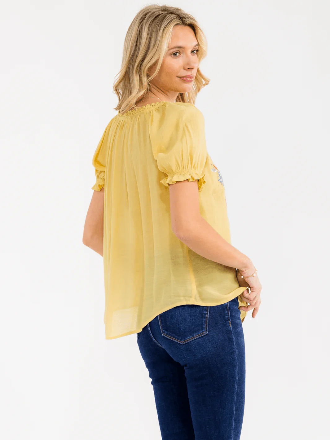 Blu Pepper Women's V-Neck Floral Embroidery Blouse with Front Tie