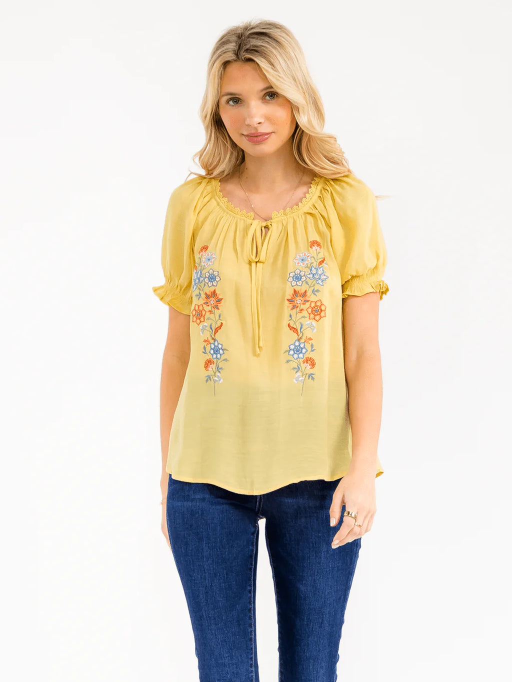 Blu Pepper Women's V-Neck Floral Embroidery Blouse with Front Tie