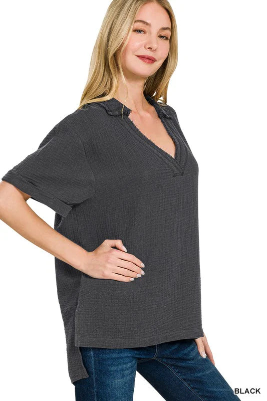 Zenana Cotton Gauze V-Neck Top | Hi-Low Hem | Black & Grey