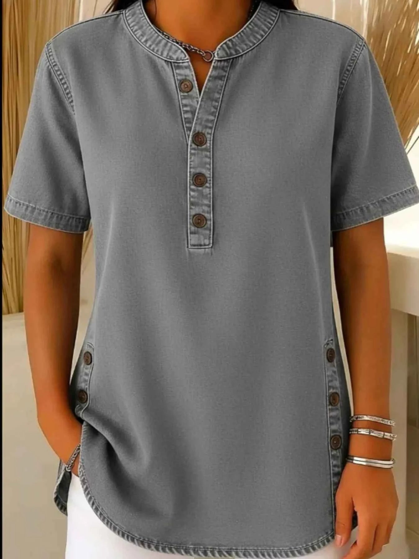 Full Size Button Detail Short Sleeve Blouse Plus Size
