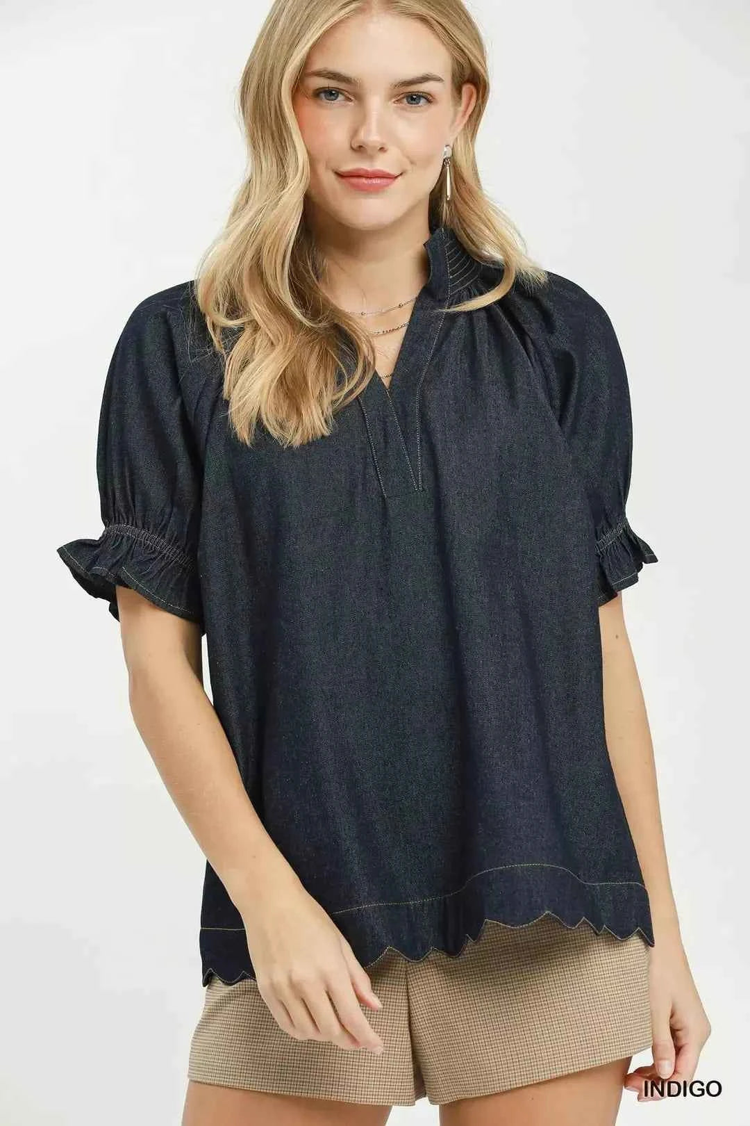 Umgee Chambray Puff Sleeve Scallop Hem Blouse