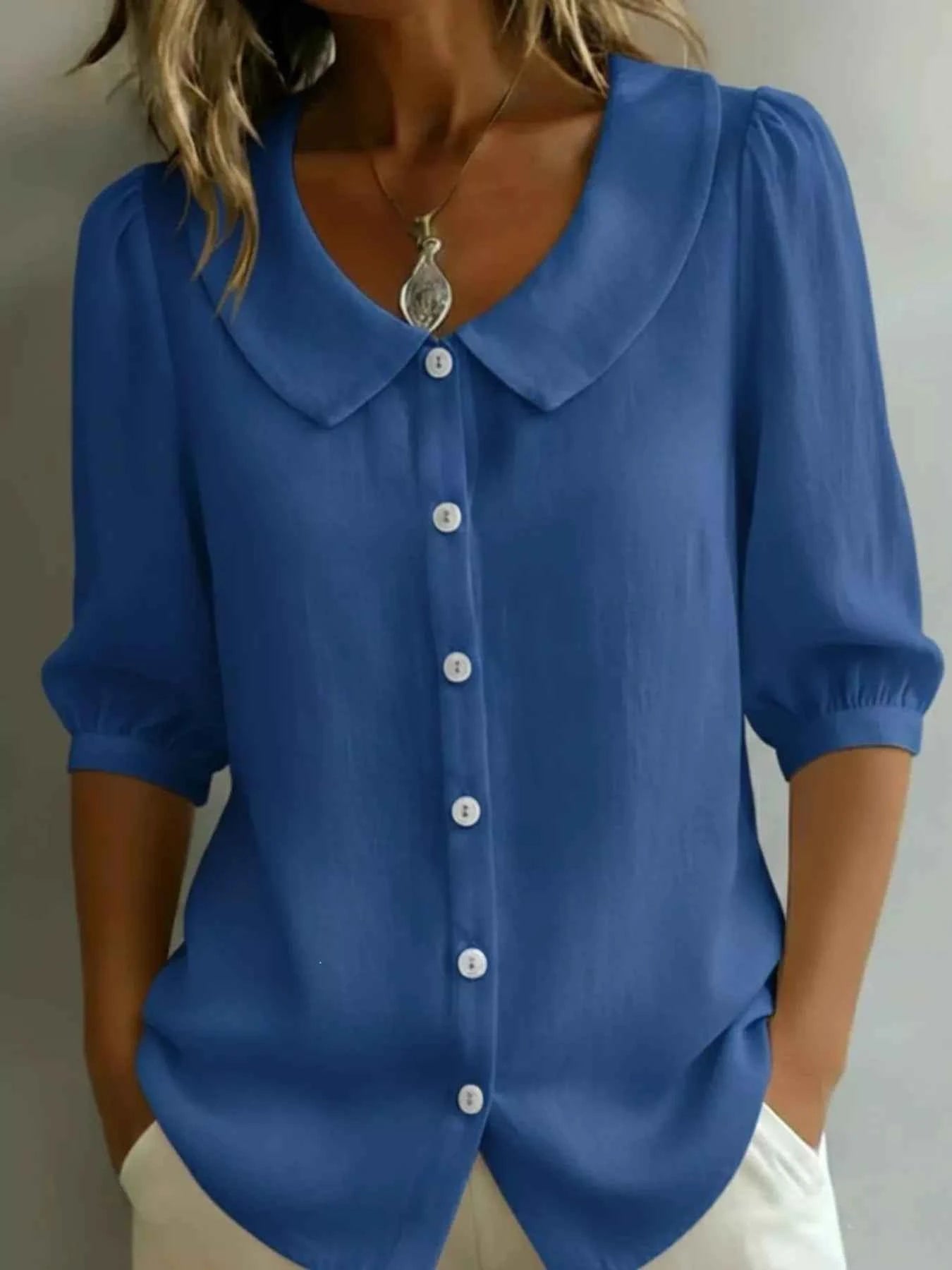 Peter Pan Collar Button-Down Shirt Reg & Plus Size
