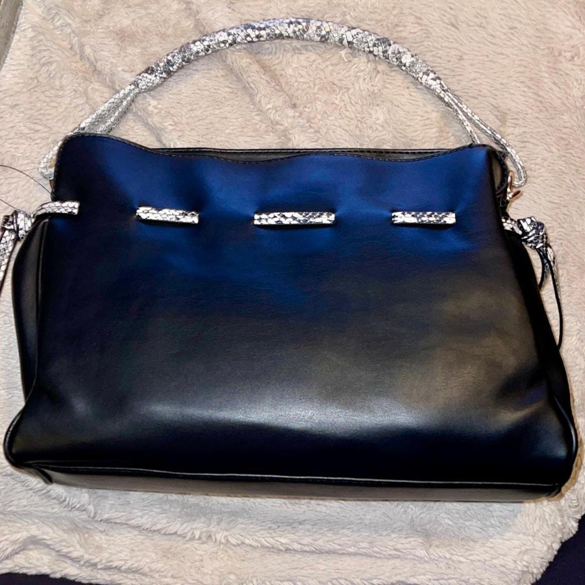 Badgley Mischka black tote back with snakeskin-detail handle