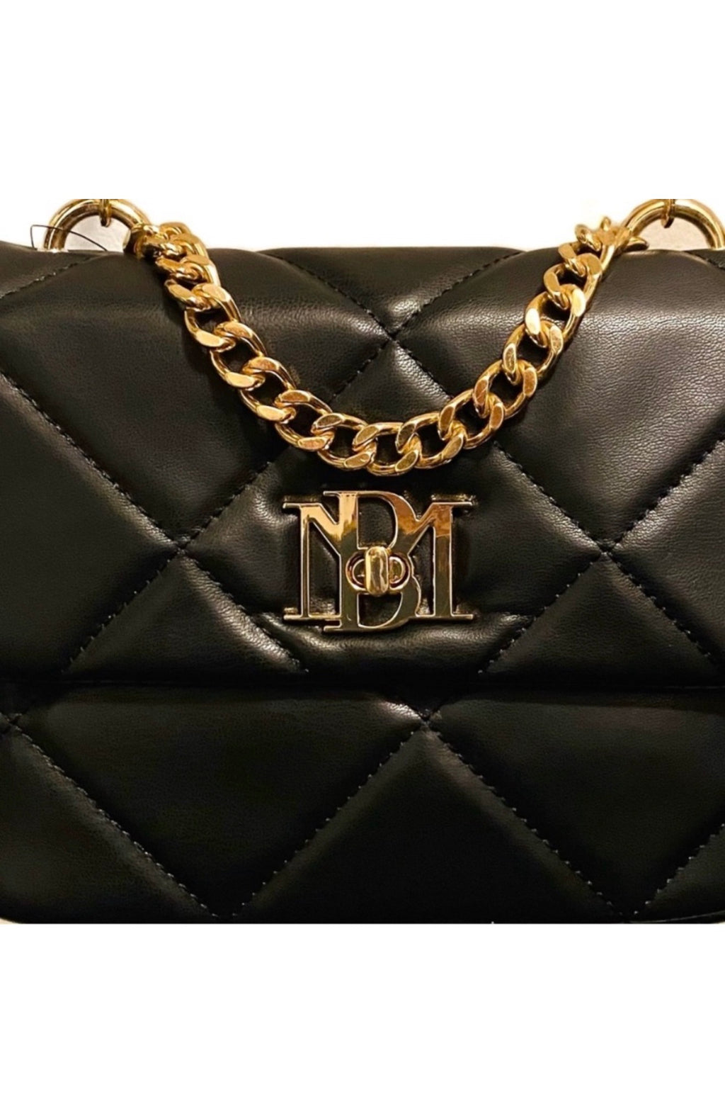 Badgley Mischka black crossbody gold logo and chain detail