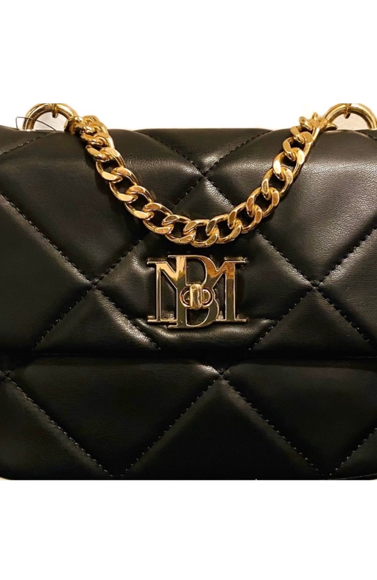 Badgley Mischka black crossbody gold logo and chain detail