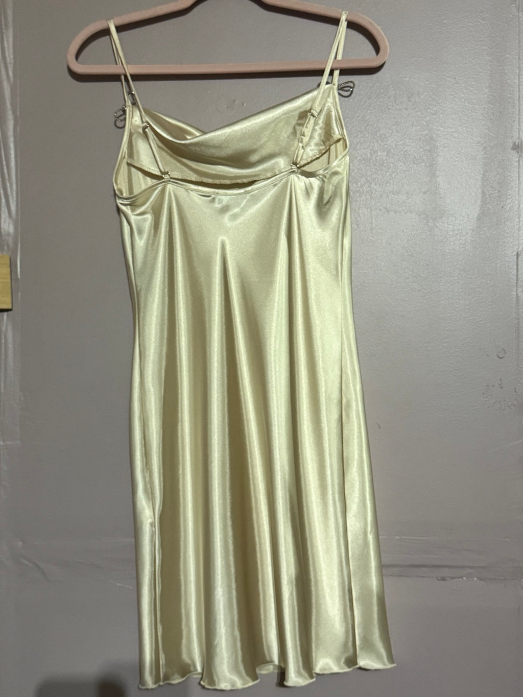 Bebe ivory satin slip mini dress, back view