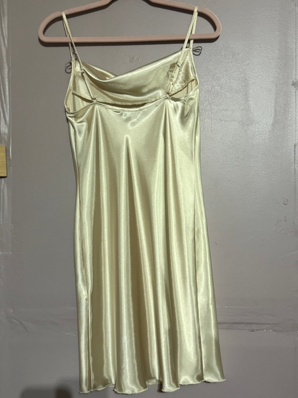 Bebe ivory satin slip mini dress, back view