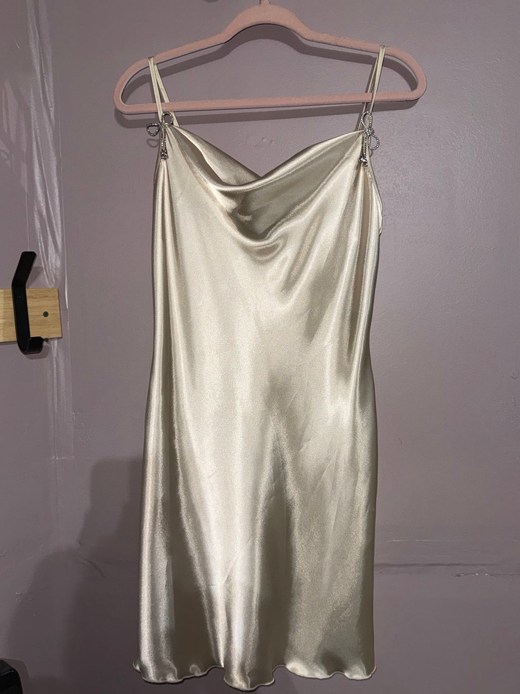 Bebe ivory satin cowl-neck slip mini dress, full front view