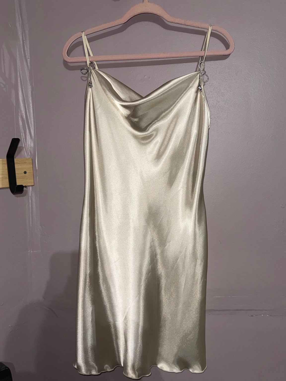Bebe ivory satin cowl-neck slip mini dress, full front view