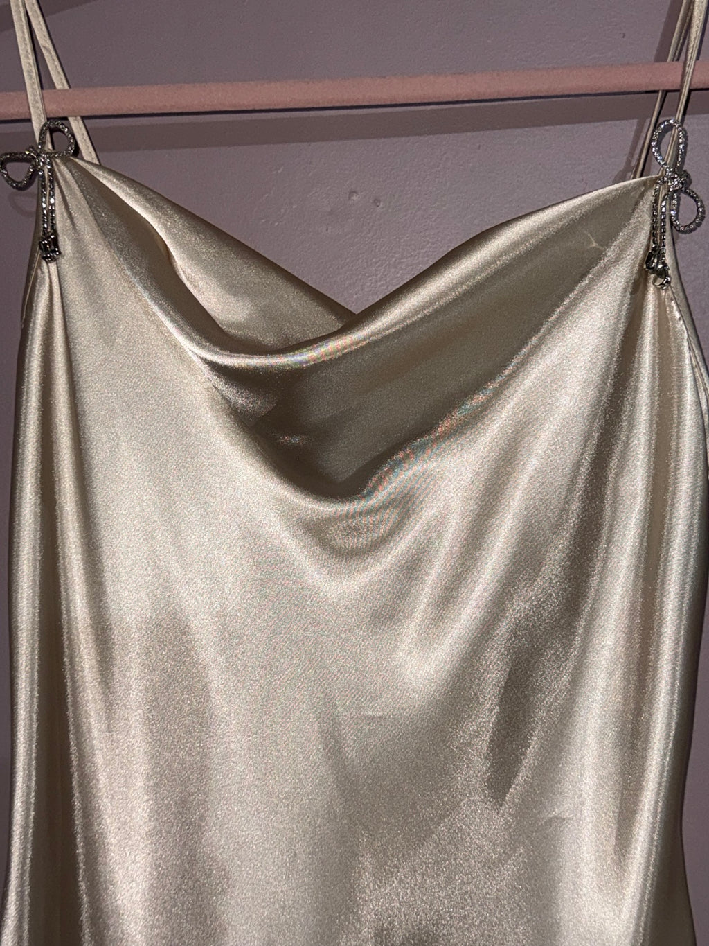 Bebe ivory satin slip mini dress cowl neckline and rhinestone bow straps