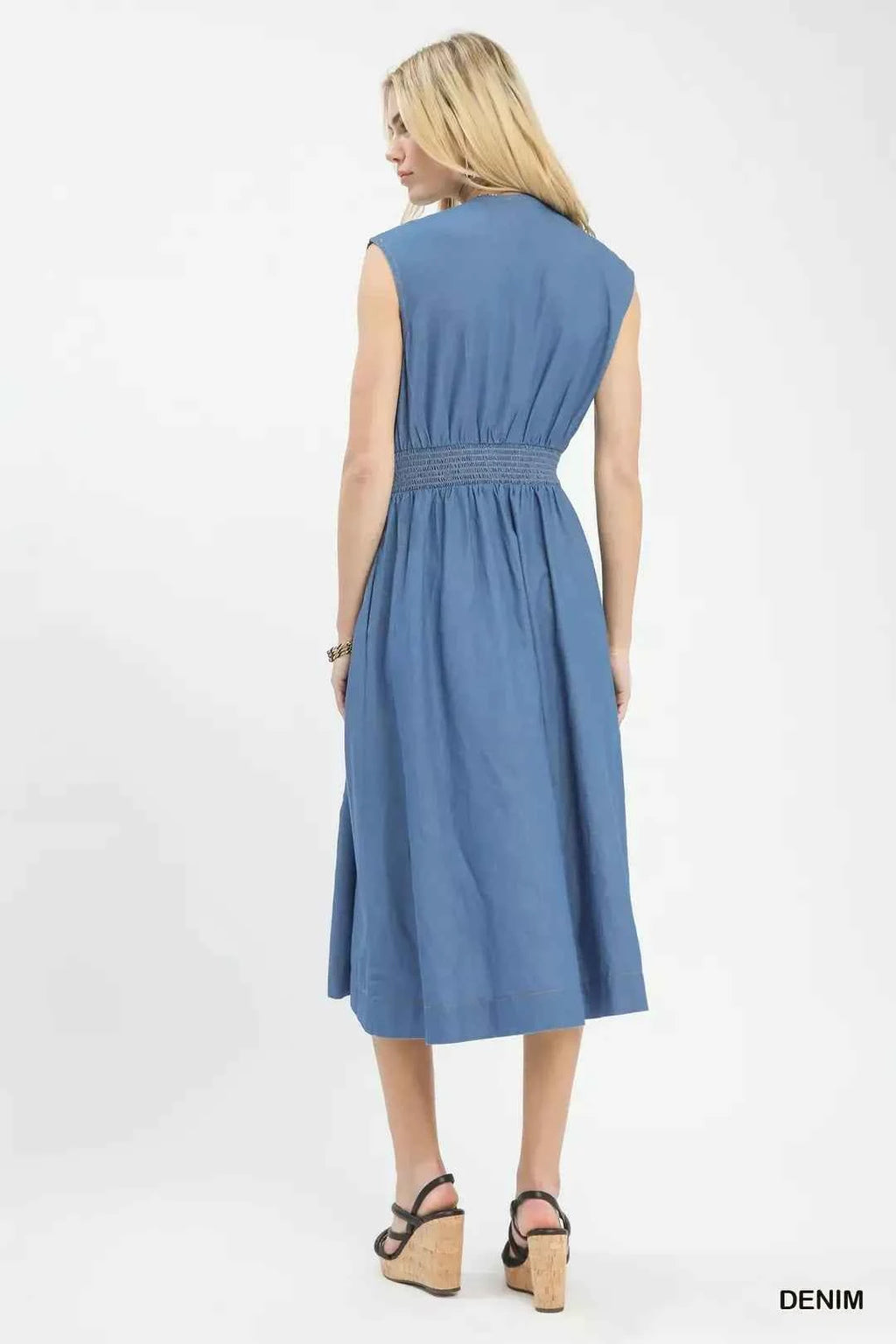 Umgee Denim Sleeveless Zip-Front Smocked Waist Midi Dress