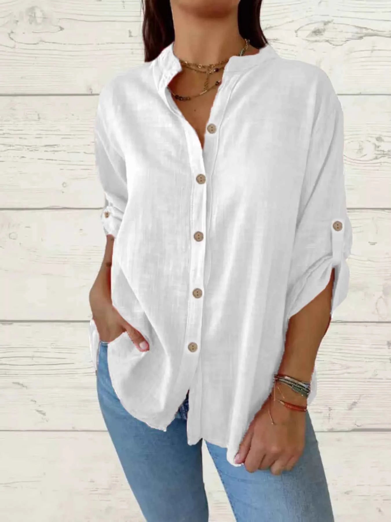 Full Size Casual Button-Down Roll-Up Sleeve Shirt Plus Size