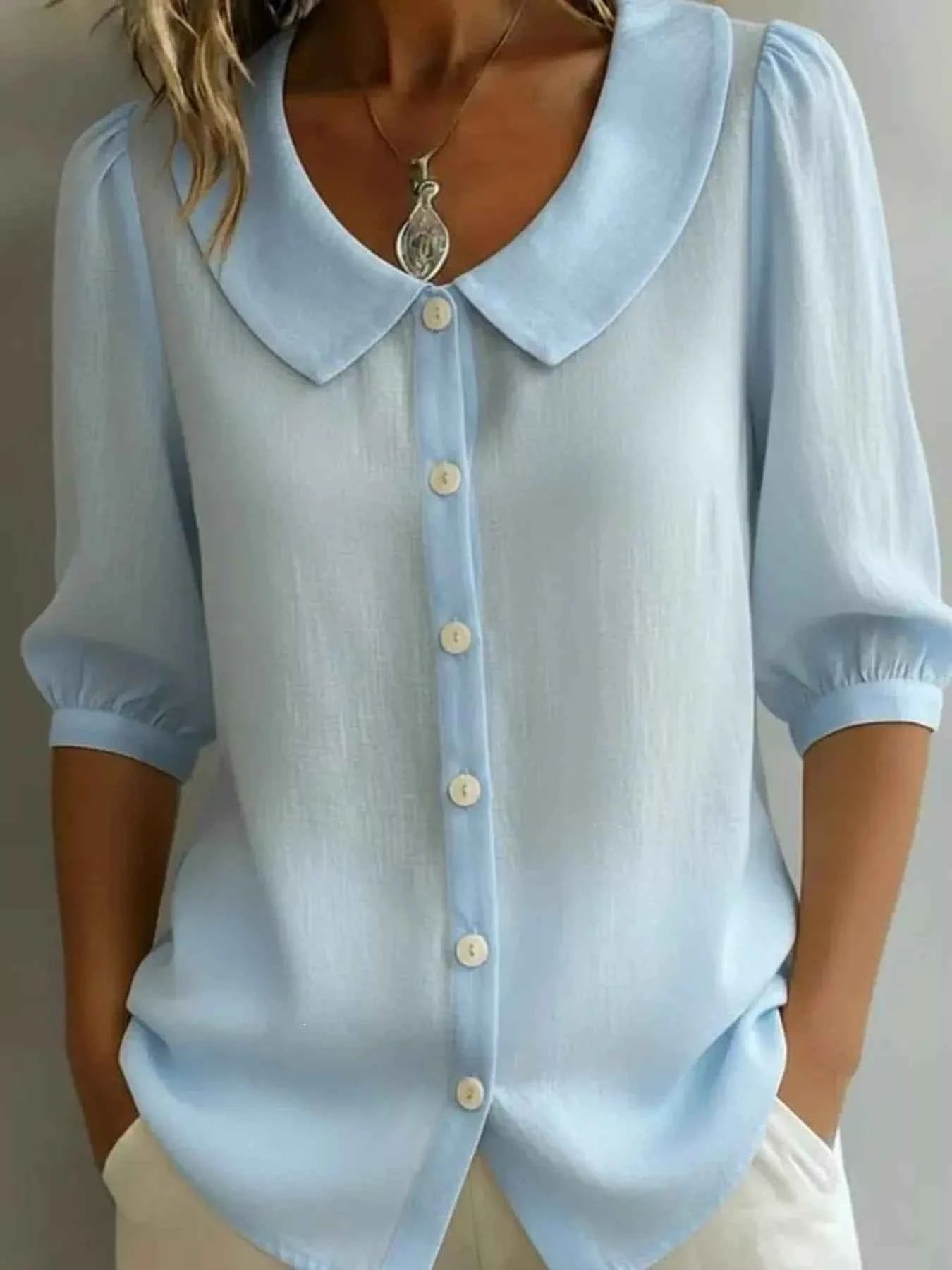 Peter Pan Collar Button-Down Shirt Reg & Plus Size