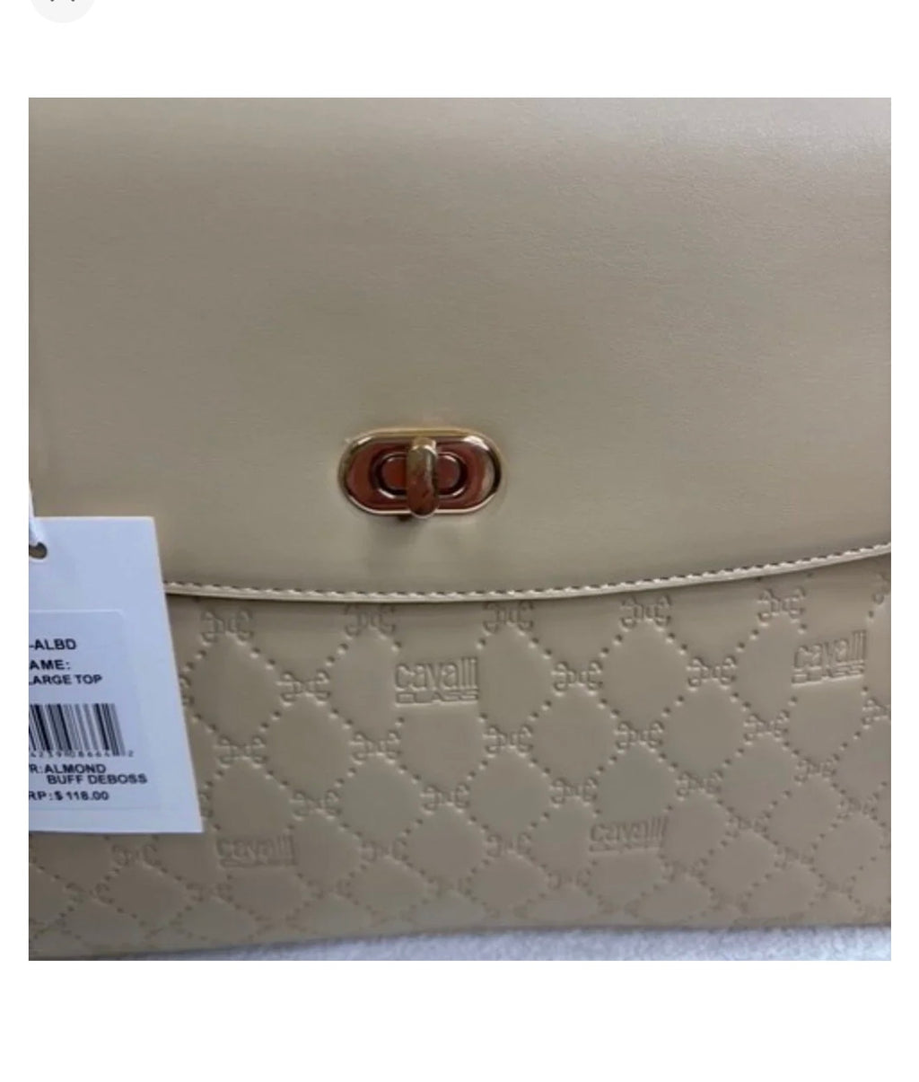 Cavalli Class almond handbag embossed logo and turn-lock detail