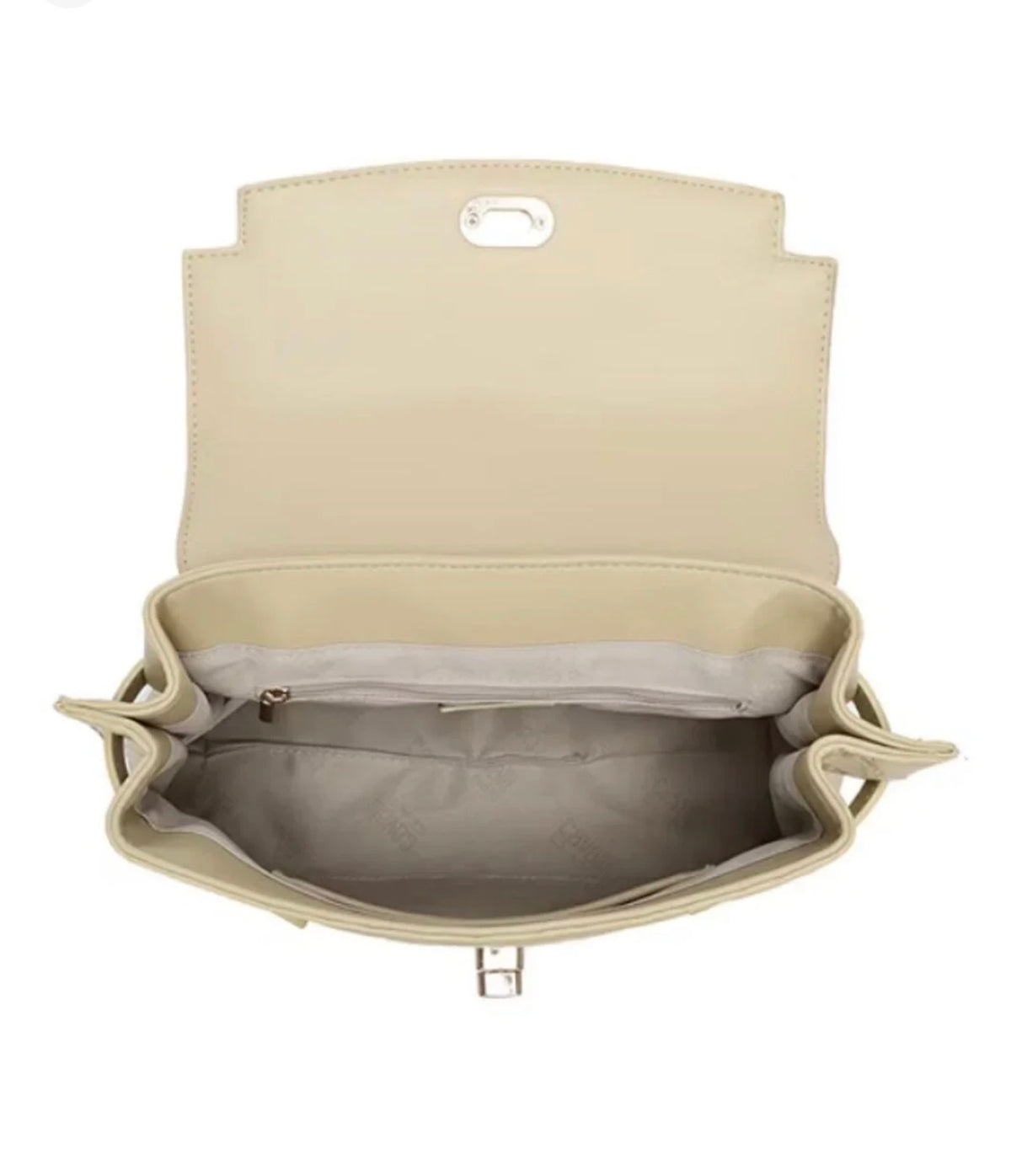 Interior of Cavalli Class almond handbag with zip pocket
