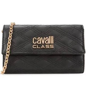 Cavalli Class black quilted crossbody wallet straight-on front cover