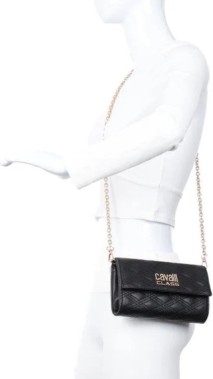 Cavalli Class black crossbody wallet shown on model for scale