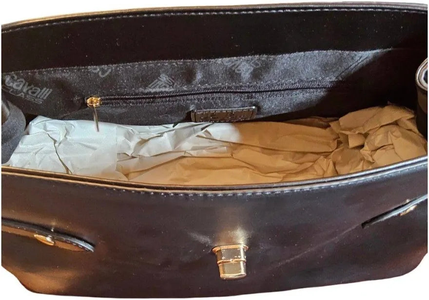 Interior of Cavalli Class Tatiana black top-handle bag with zip pocket