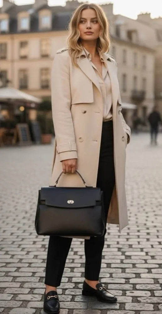 Model carrying Cavalli Class Tatiana black top-handle bag