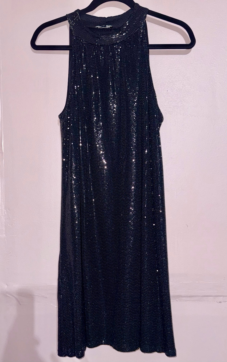 Bebe black disco dot halter trapeze dress front