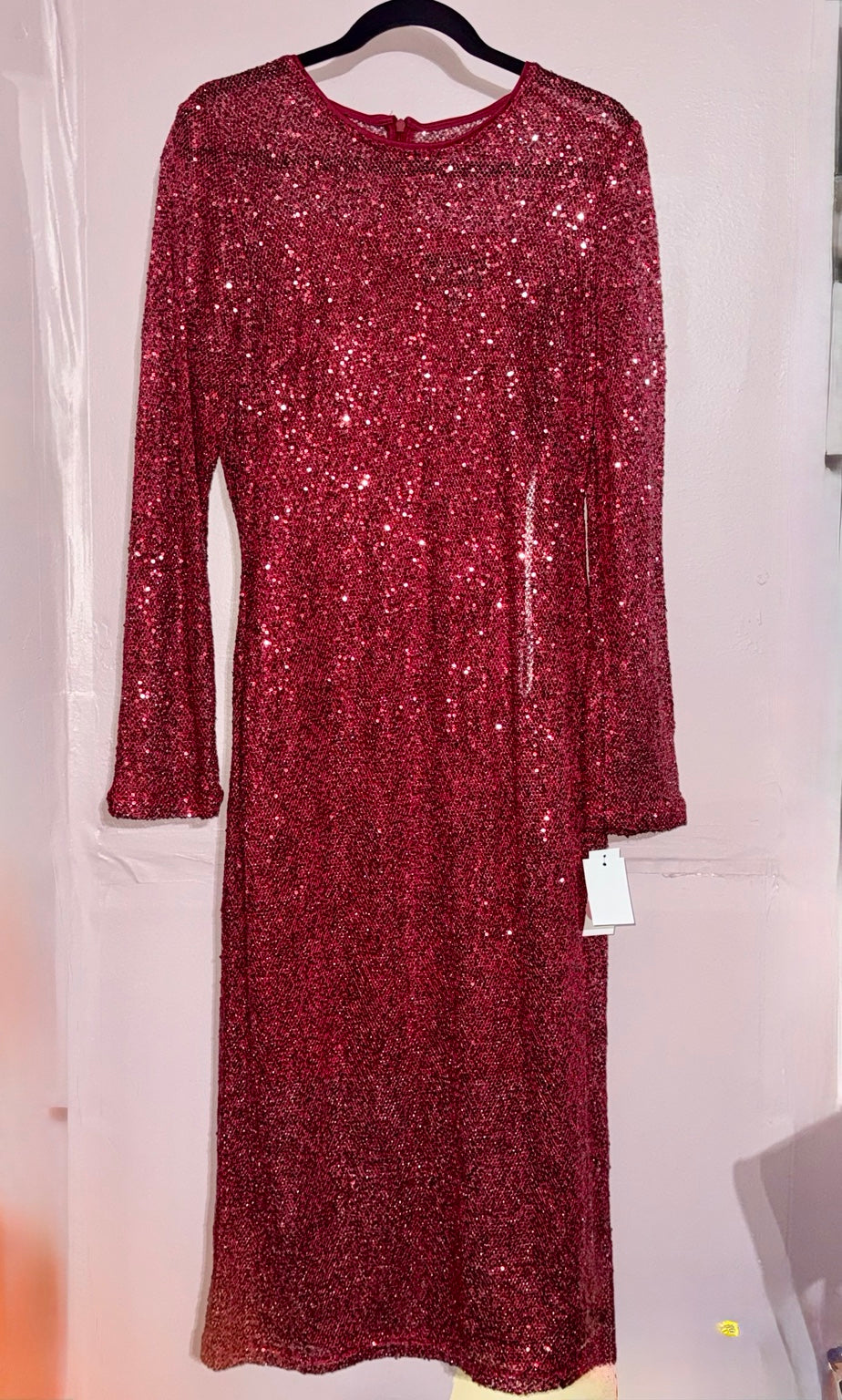 Donna Morgan burgundy sequin long sleeve midi dress front