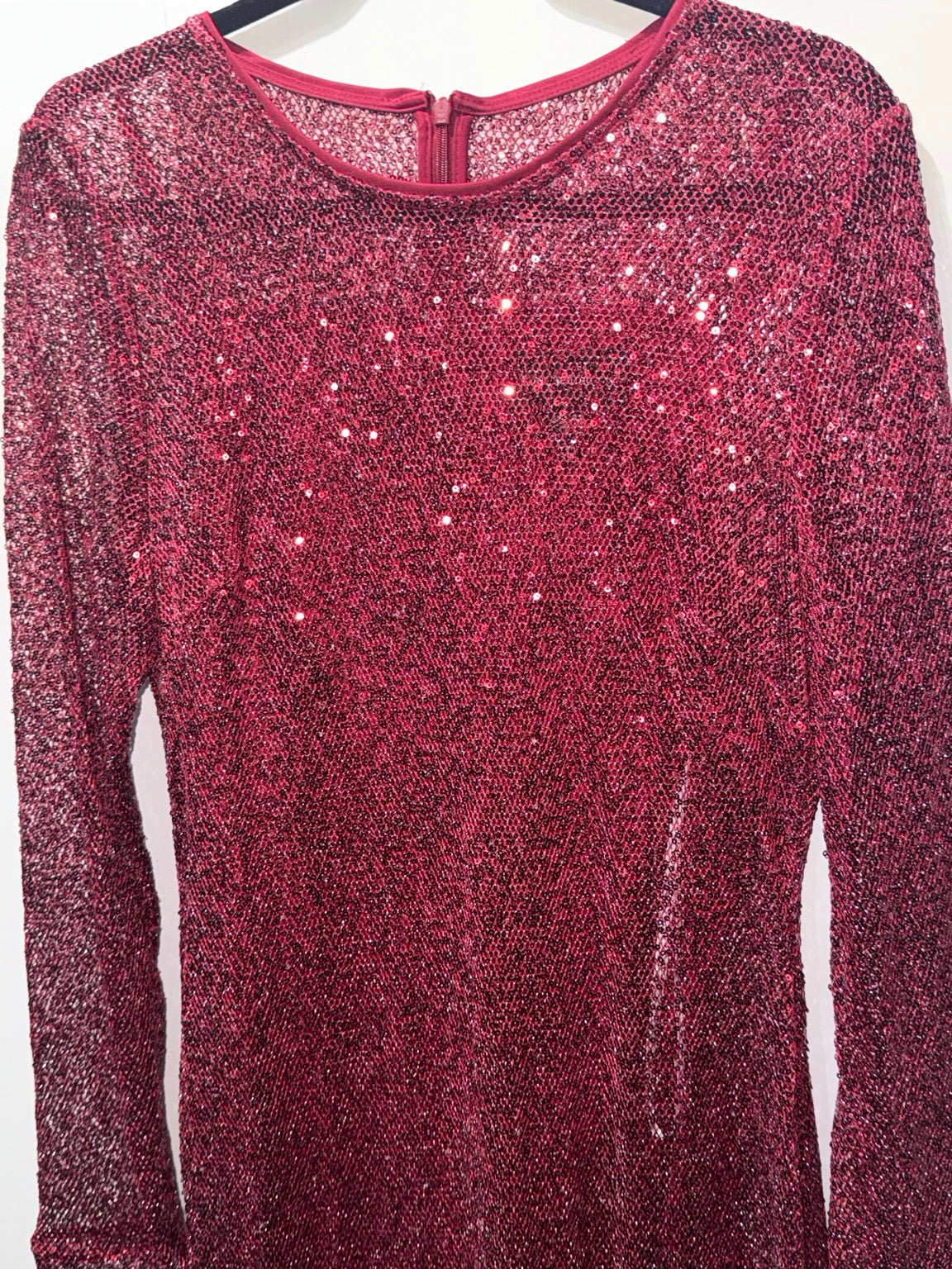 Donna Morgan burgundy sequin texture detail