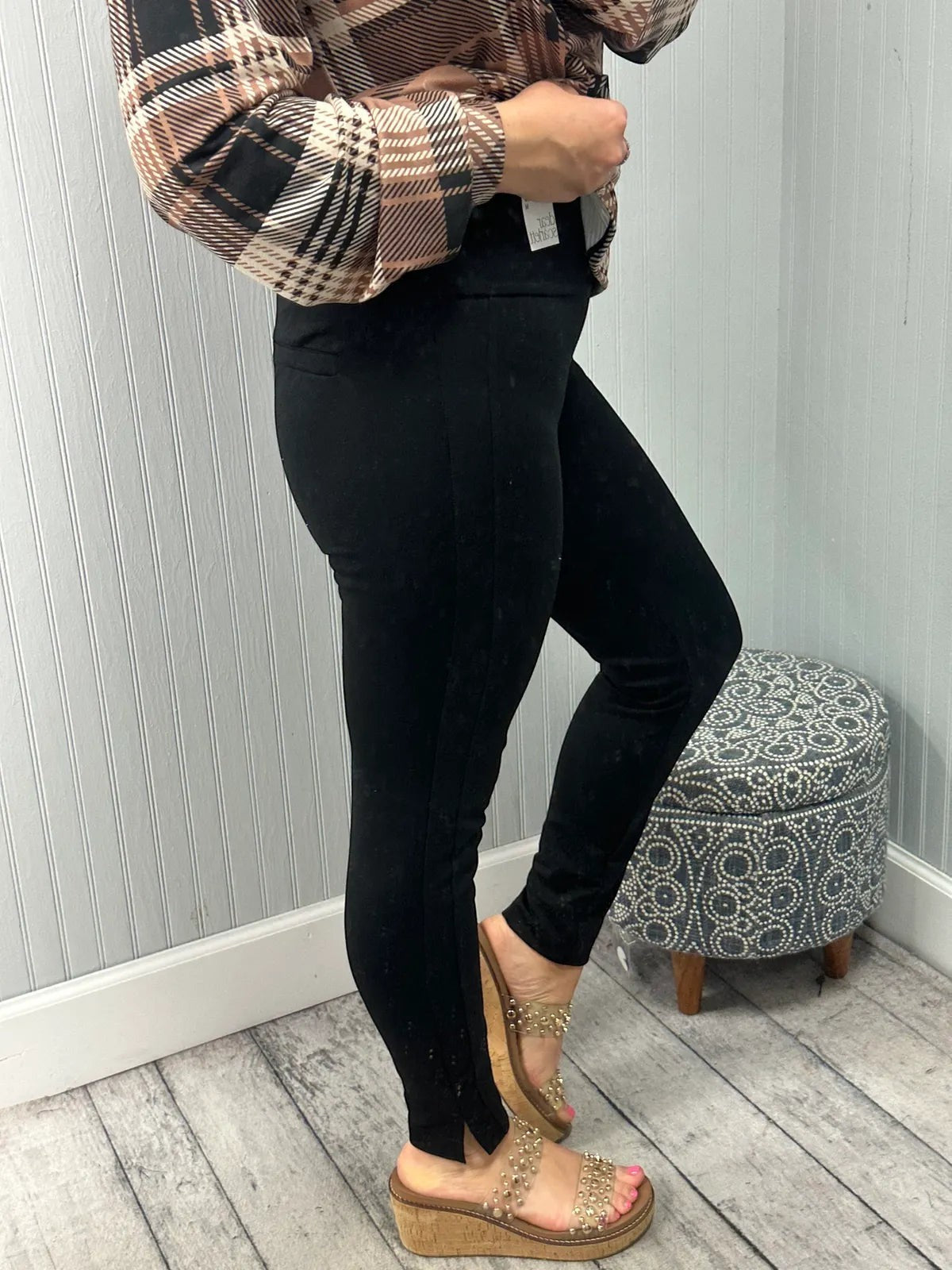 CG Style Shop black skinny ponte knit ankle pants with elastic waistband and cuff slits.