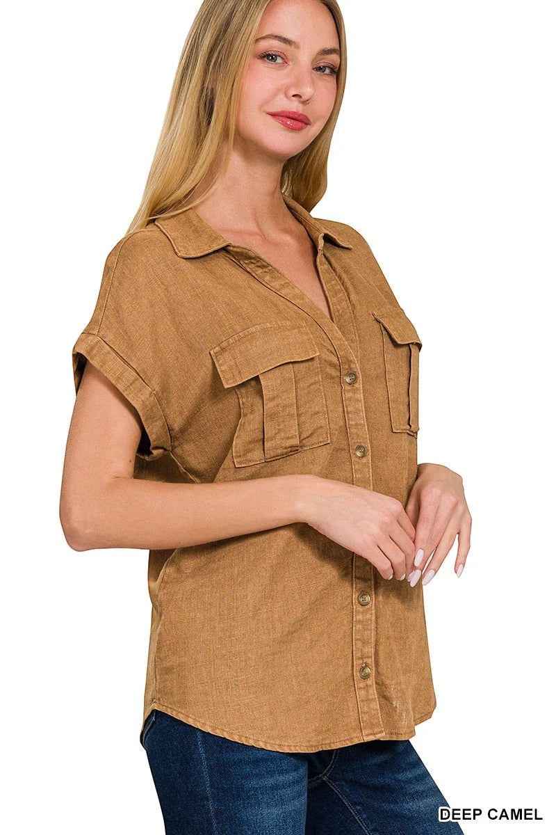 Zenana Short-Sleeve Utility Button-Up Shirt