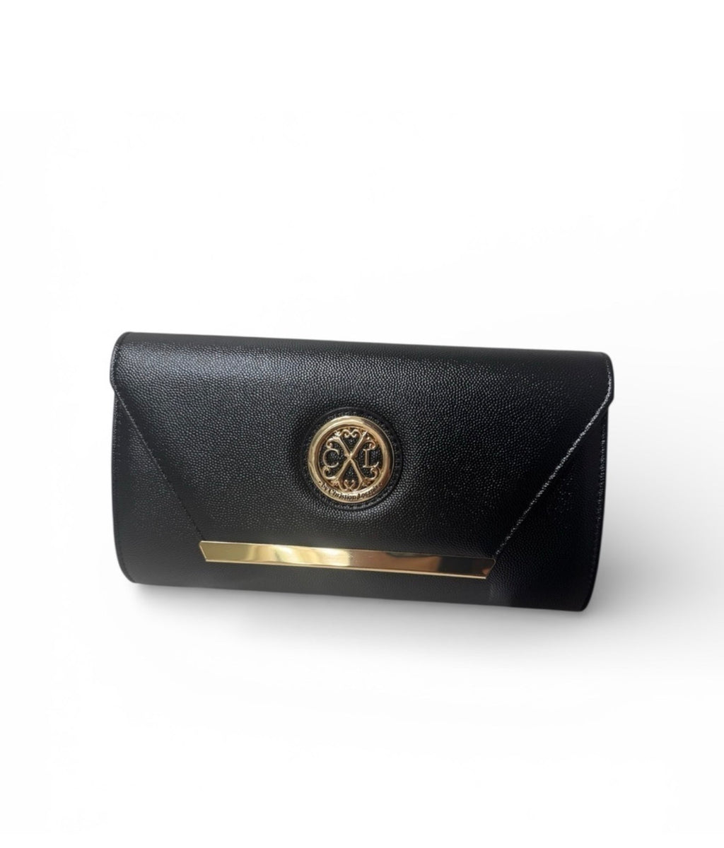 Christian Lacroix black envelope clutch with gold-tone medallion and bar accent