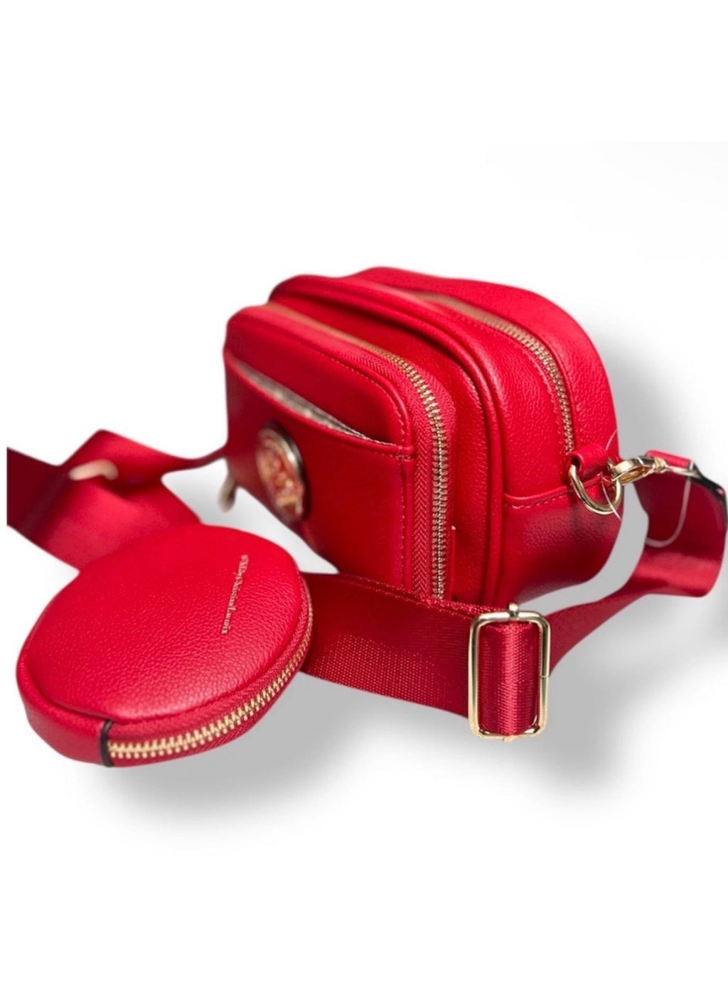 Christian Lacroix red camera bag with double zip compartments and coin purse