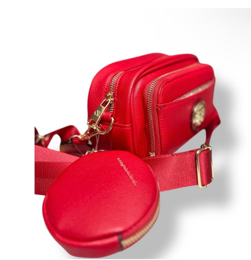 Christian Lacroix red camera bag and matching round coin purse